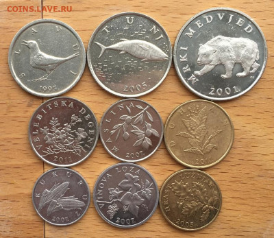 Набор Хорватия 9 шт 1 2 5 10 20 50 Липа Куна Фауна Животные - nabor_khorvatija_9_sht_1_2_5_10_20_50_lipa_kuna_fauna_zhivotnye_ptica_ryba_medved_flora_rastenija