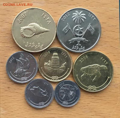 Набор Мальдивы 7 шт. 1 2 5 10 25 50 лари руфии Парусник Кора - nabor_maldivy_7_sht_1_2_5_10_25_50_lari_rufii_parusnik_korabl_ryba_cherepakha_cvety_fauna_flora_majak