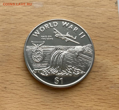 Крона Шайба Либерия 1 доллар 1997 Вторая мировая война - krona_shajba_liberija_1_dollar_1997_vtoraja_mirovaja_vojna_operacija_chastise_samolet_aviacija_rejd_damby