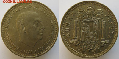 фикс Испания 1945-1999 до 29-03-25 в 22:00 - 11 97 Испания 1 песета  1966 (70)     161н