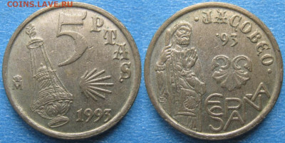 фикс Испания 1945-1999 до 29-03-25 в 22:00 - Испания 5 песет 1993    186-к34-9732