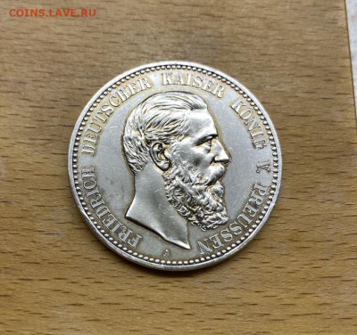 Королевство Пруссия 5 марок 1888 Фридрих III aUNC Германия - korolevstvo_prussija_5_marok_1888_fridrikh_iii_aunc_germanija_germanskaja_imperija_serebro_krona_shajba