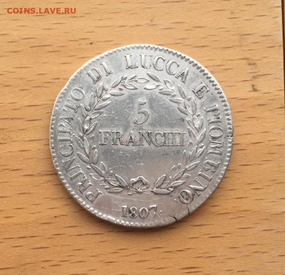 Лукка и Пьомбино 5 франков 1807 Элиза Бонапарт Серебро - italija_knjazhestvo_lukka_i_pombino_5_frankov_franchi_1807_eliza_bonapart_serebro_krona_shajba_redkost (1)