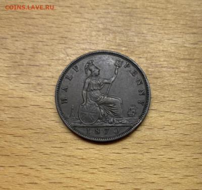 2 1870 Королева Виктория XF - velikobritanija_pol_penni_1_2_1870_koroleva_viktorija_xf_aunc_sokhran_redkost_r_korabl_parusnik