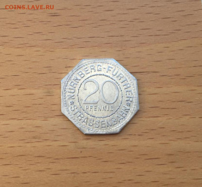 Германия Веймарская республика Нюрнберг 20 пфенниг Нотгельд - germanija_vejmarskaja_respublika_njurnberg_20_pfennig_notgeld_tramvaj_zheton