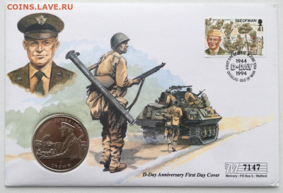 Шайба Остров Мэн 1 крона 1994 Генерал Эйзенхауэр КПД - shajba_ostrov_men_1_krona_1994_general_ejzenkhauer_vysadka_v_normandii_konvert_kpd_vtoraja_kovnvert