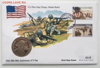 Тёркс и Кайкос 5 крон 1994 Высадка в Нормандии Омар Бредли - krona_shajba_terks_i_kajkos_5_kron_1994_vysadka_v_normandii_omar_bredli_aviacija_kpd_konvert_vtoraja