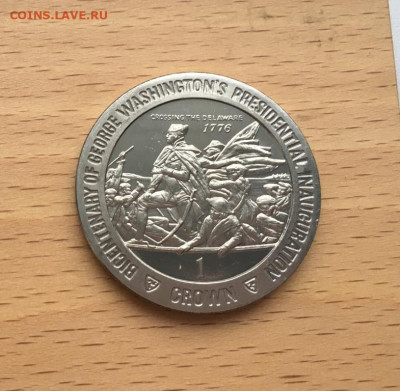 Шайба Остров Мэн 1 крона 1989 Инаугурация Вашингтона - krona_shajba_ostrov_men_1_krona_1989_inauguracija_vashingtona_vashingtona_pereprava_cherez_delaver