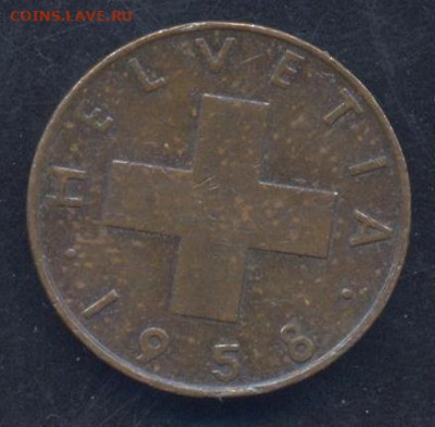 Швейцария 1 раппен 1958 г.13.04.2025 г. 22 -00 МСК. - Швейцария