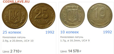 Украина 10 и 25 копеек 1992 с вогнутым трезубцем. - У
