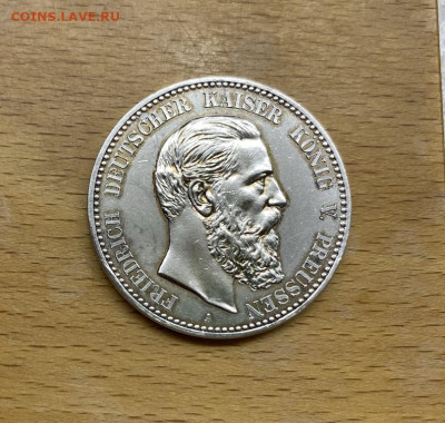 Королевство Пруссия 5 марок 1888 Фридрих III aUNC Германия - korolevstvo_prussija_5_marok_1888_fridrikh_iii_aunc_germanija_germanskaja_imperija_serebro_krona_shajba
