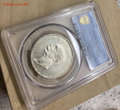 Ангальт 3 марки 1909 Фридрих II Слаб PCGS UNC Detail сохран - IMG_2339.JPG