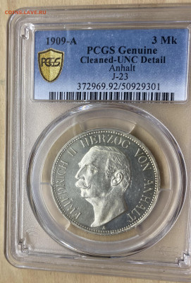 Ангальт 3 марки 1909 Фридрих II Слаб PCGS UNC Detail сохран - IMG_2335.JPG