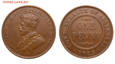 Австралия. 1 пенни 1925 г. Георг V. Редкая. До 01.06.25. - Р2386