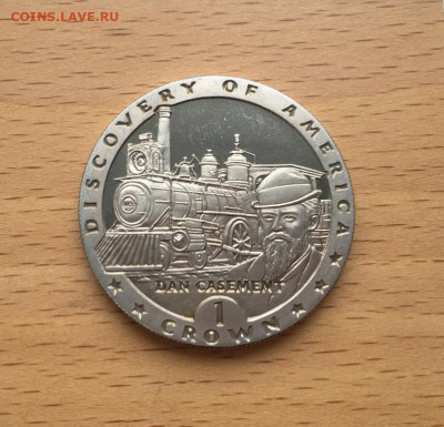 Шайба Остров Мэн 1 крона 1992 Дэн Кейсмент Железная дорога - krona_shajba_ostrov_men_1_krona_1992_otkrytie_ameriki_den_kejsment_zheleznaja_doroga_parovoz_poezd_zhd