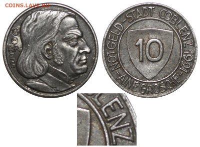 ЗАНИМАТЕЛЬНАЯ НУМИЗМАТИКА - Германия - Кобленц - 1 грош = 10 пфеннигов 1921 кант узкий