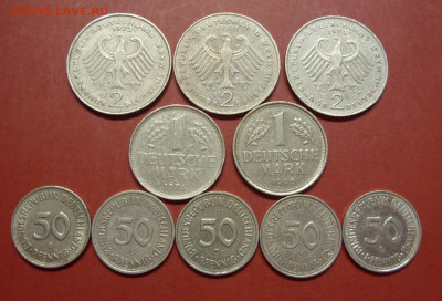 10 монет ФРГ: 50 пфеннигов, 1,2 марки. - ФРГ 10 монет - 1