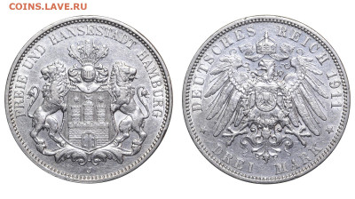 Гамбург. 3 марки 1911 г. До 29.06.25. - Р2438