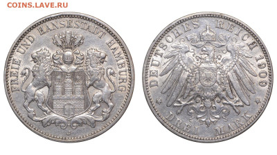 Гамбург. 3 марки 1909 г. До 29.06.25. - Р2463