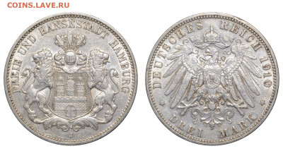 Гамбург. 3 марки 1910 г. До 29.06.25. - Р2439