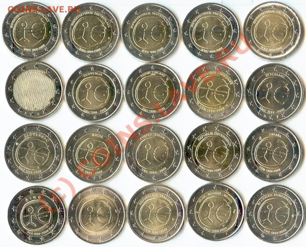 полный набор 2 евро 2009 ”10 лет евро”, 20 штук UNC - Set 20-er 10J Euro