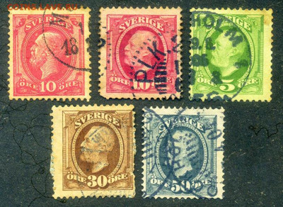 Швеция Оскар марки 5 шт. до 1.08. - марки-почта_Швеция-1885-91-Оскар_5шт_гаш