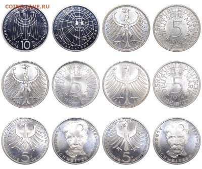 ФРГ. Лот из 6 монет (10 и 5 марок 1966-1999). До 03.08.25. - Р1832_s