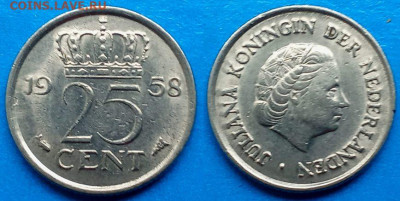 Нидерланды - 25 центов 1958 года до 20.08 - Нидерланды 25 центов, 1958