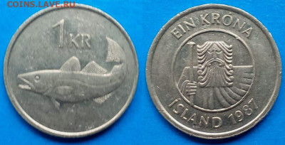 Исландия - 1 крона 1987 года до 22.08 - Исландия 1 крона, 1987