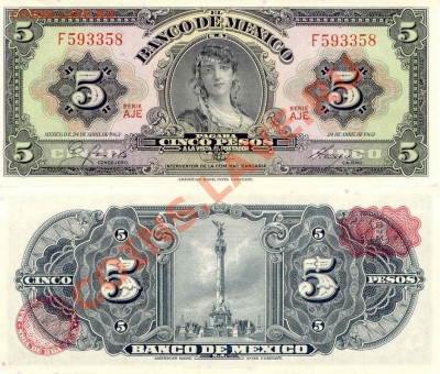 Боны Мексики 60-х Лот 2шт.  до 18.02.12.  21-00(мск) - Mexico_5Peso_1963_XF