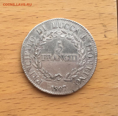 Княжество Лукка и Пьомбино 5 франков 1807 Элиза Бонапарт - italija_knjazhestvo_lukka_i_pombino_5_frankov_franchi_1807_eliza_bonapart_serebro_krona_shajba_redkost (1)