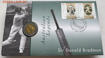 биметалл Австралия 5$ долларов 1997 Дональд Брэдмен КПД - bimetall_avstralija_5_dollarov_1997_donald_bredmen_sport_kpd_konvert_buklet_marki