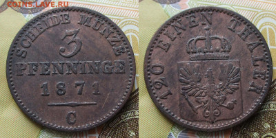 Пруссия 3 пфеннига 1871 С до 27-09-25 в 22:00 - Пруссия 3 пф 1871 С    894-1