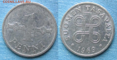 фикс Финляндия 1 и 5 пенни 1963-1976 до 29-09-25 в 22:00 - Финляндия 1 пенни 1969    200-к94-9624