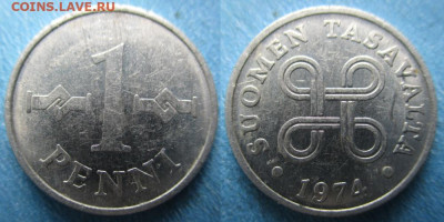 фикс Финляндия 1 и 5 пенни 1963-1976 до 29-09-25 в 22:00 - Финляндия 1 пенни 1974    200-к94-9526