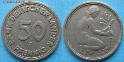 Германия 50 пфеннигов 1949 J до 01-10-25 в 22:00 - ФРГ 50 пфеннигов 1949 J    5550
