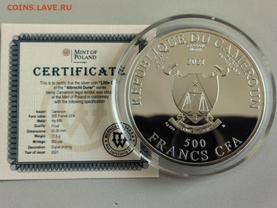 500фр 2021 Камерун Дюрер Маленькая сова, Ag999, до 05.10 - Ч Дюрер Сова-3