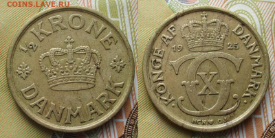 2 кроны 1925  до 05-10-25 в 22:00 - Дания пол кроны 1925     255-ак25-15109