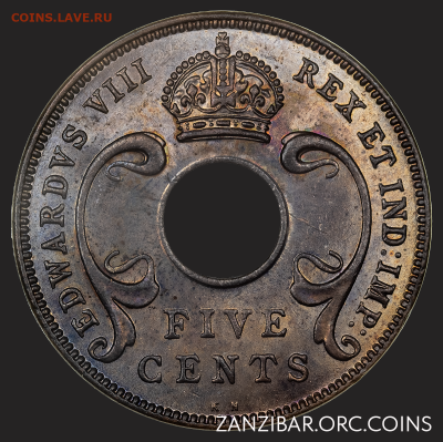 ЗАНИМАТЕЛЬНАЯ НУМИЗМАТИКА - Британская Восточная Африка 5 центов, 1936 KN-