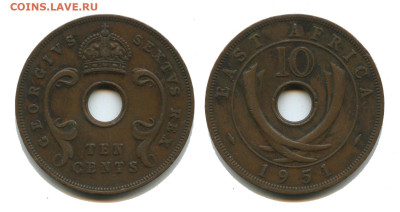 Восточная Африка 10 центов 1951, до 22.00 мск 07.11.2025 год - Восточная Африка 10 центов 1951