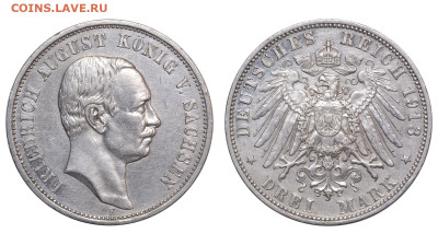 Саксония. 3 марки 1913 г. Фридрих. До 08.11.25. - Р2490