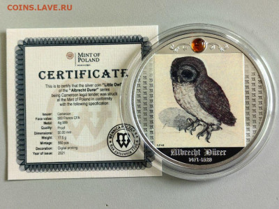 500фр 2021 Камерун Дюрер Маленькая сова, Ag999, до 16.11 - Ч Дюрер Сова-2