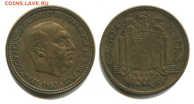 Испания 2,5 песета 1956 до 22.00 мск 21.11.2025 года - испания 2 5 песета 1956