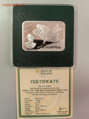 1дол 2010 Ниуэ, Планер. Отто Лилиенталь, Ag925, до 28.11 - Ю Небо-Лилиенталь-1