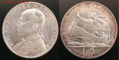 Ватикан 5 лир 1939 г. Пий XII Серебро. Оценка - Ватикан 5 лир 1939
