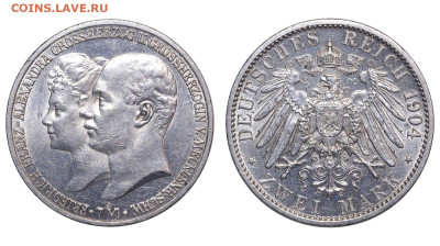 Мекленбург-Шверин. 2 марки 1904 г. Свадьба. До 30.11.25. - Р2500