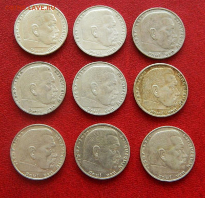 2 марки Гиндесбург. 1937-1939. 9 штук. - 2_marki_1937_gindenburg_serebro_9_shtuk_v_lote