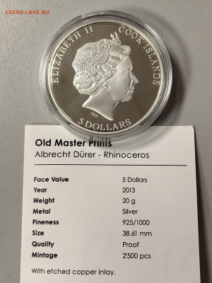 О-ва Кука 5дол 2013 Носорог. Дюрер Ag925, до 19.02 - Ю Носорог Дали-2