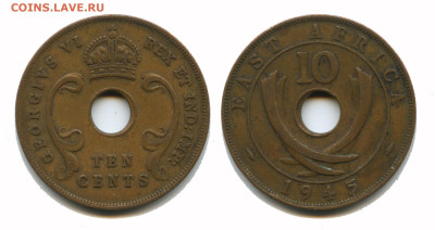 Восточная Африка 10 центов 1945, 22.00 мск 27.02.2026 года - Восточная африка 10 центов 1945