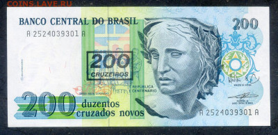 Бразилия 200 крузейро 1990 надпечатка UNC до 17.03. - Бразилия_200крузейро-1990-надпечатка_AU_лицо